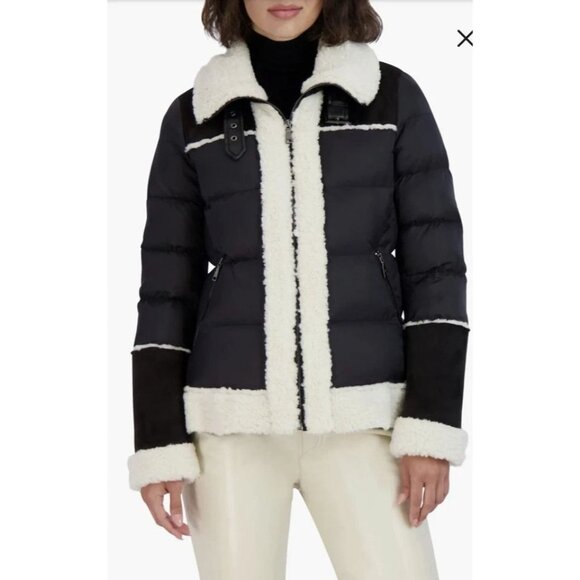 Tahari Black Selena Faux Shearling Trim Jacket Coat Size L Outdoor Winter Fall - Picture 3 of 14